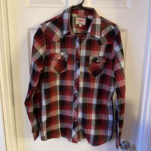 Roper Men’s Large Pearl Snap Front Button Long Sleeve Red Plaid Shirt